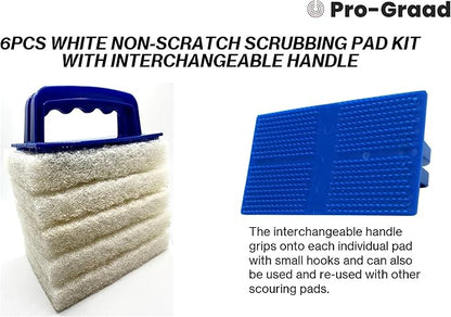 Handled Bath Scrubber 6 Piece Heavy Duty Cleaning Scrub Sponge Brush Bathroom Scouring Pads White Non-Scratch Remove Soap Scum Cleaning Shower Tile Bathtub Sink Pools Hot Tubs Waterline Steps Corners