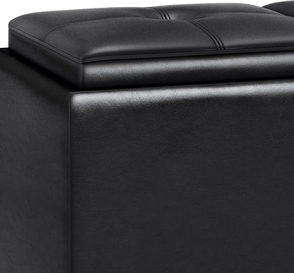 SIMPLIHOME Avalon 42 inch Wide Contemporary Rectangle Tray Storage Ottoman with Lift Up Lids in Midnight Black Vegan Faux Leather, Assembled, for the Living Room, Entryway and Family Room