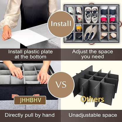 2 Pack Shoe Organizer for Closet, Adjustable Shoe Box Storage Containers, Large Foldable Shoe Bins with Clear Cover, Space Saving Shoes Holder with 4 Handles, Fits 24-48 Pairs, Black