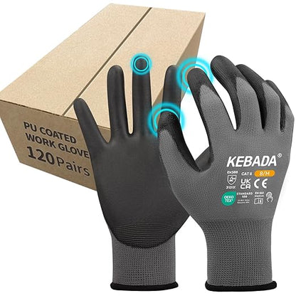 Kebada Safety Work Gloves,120 Pairs Bulk Pack, Touchscreen, PU Coated, Ideal for Warehouse, Construction, Gardening and Mechanics, Grey, Medium