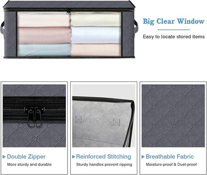 HomeHacks 6-Pack Clothes Organizer Storage Bags Foldable Storage Box with Large Clear Window Sturdy Handles for Closet, Dorm, Pillows, Bedding, Clothes, Stuffed Toys, Blankets, 35L, Grey