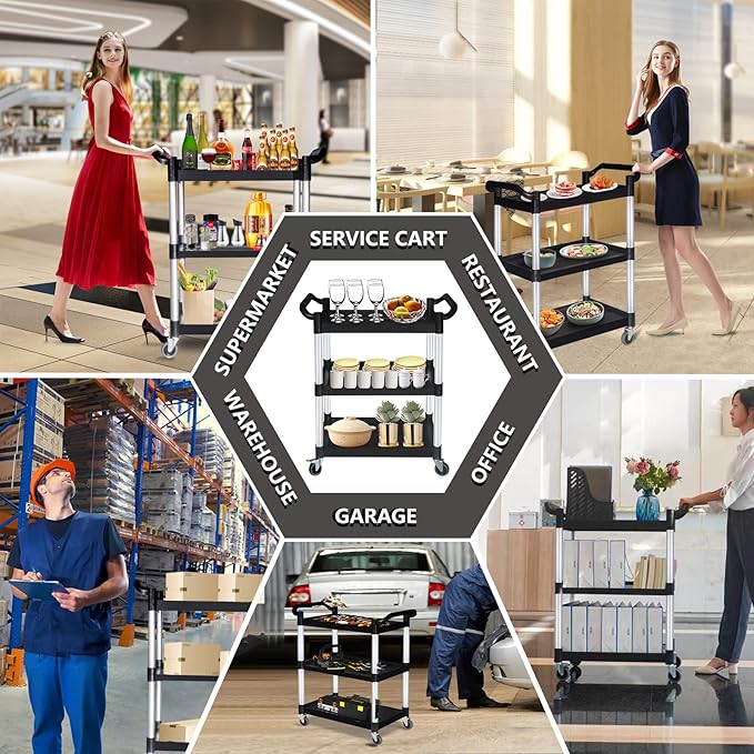 Plastic Utility Carts with Wheels, Heavy Duty 510lbs Capacity Rolling Service Cart, 3-Tier Restaurant Food Cart with Hammer for Office, Warehouse, Garage (Lockable Wheels, Black)