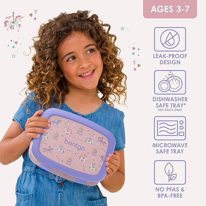 Bentgo Kids Prints Leak-Proof, 5-Compartment Bento-Style Kids Lunch Box - Ideal Portion Sizes for Ages 3-7, Durable, Drop-Proof, Dishwasher Safe, & PFAS & BPA-Free Materials (Carousel Unicorns)