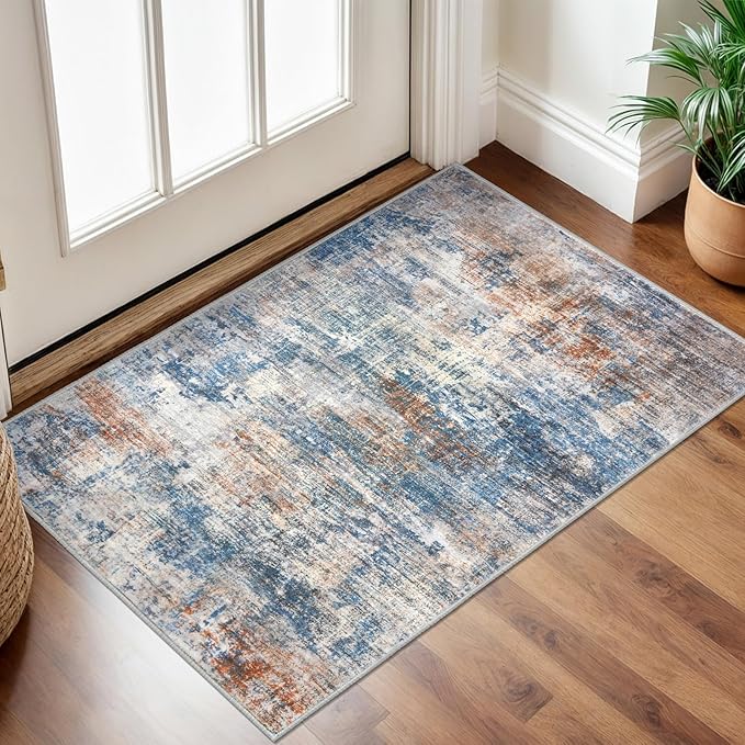 IOHOUZE Small Abstract Area Rug 2x3 Ft Entryway Rugs Washable Door Mat Indoor Entrance, Rubber Backed Throw Rugs, Printed Faux Wool Non Slip Floor Carpet for Foyer Front Door Sink, Blue Rust