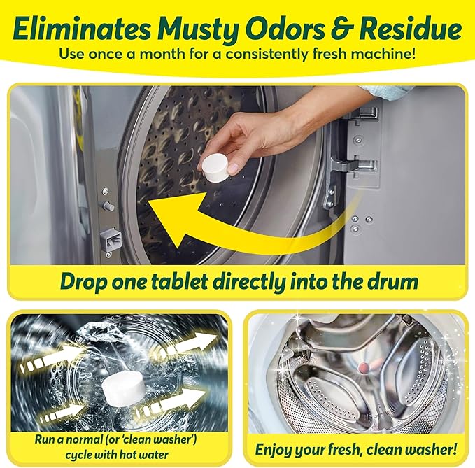 Cleanomic WashWizard Washing Machine Cleaner Tablets – Deep Cleaning Washer Cleaner for Front Load, Top Load & HE Machines – Removes Odor, Buildup & Limescale – Septic Safe, Non-Toxic, 6 Tablets