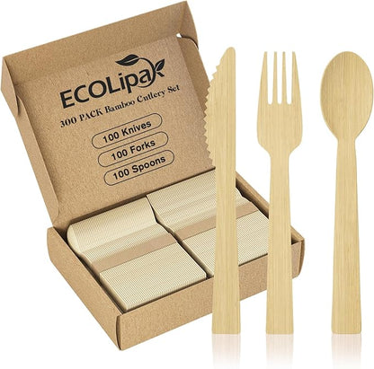 ECOLipak 300 Count Bamboo Cutlery Set, 100 Knives, Forks and Spoons each, No Splinters Disposable Cutlery Set Compostable Utensils for Party, Camping, Traveling, Family Dinners