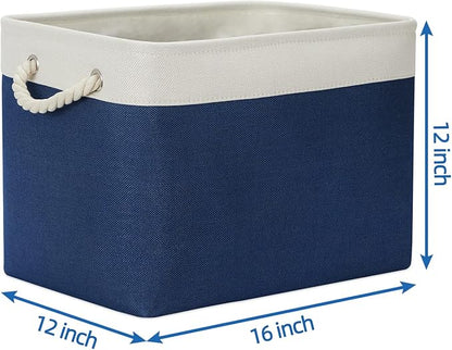 Temary Storage Baskets for Shelves, 2 Pcs Fabric Storage Bins Empty Gift Baskets for Organizing Clothes, Books, Decorative Basket with Rope Handles (White&Blue,16Lx12Wx12H Inches)
