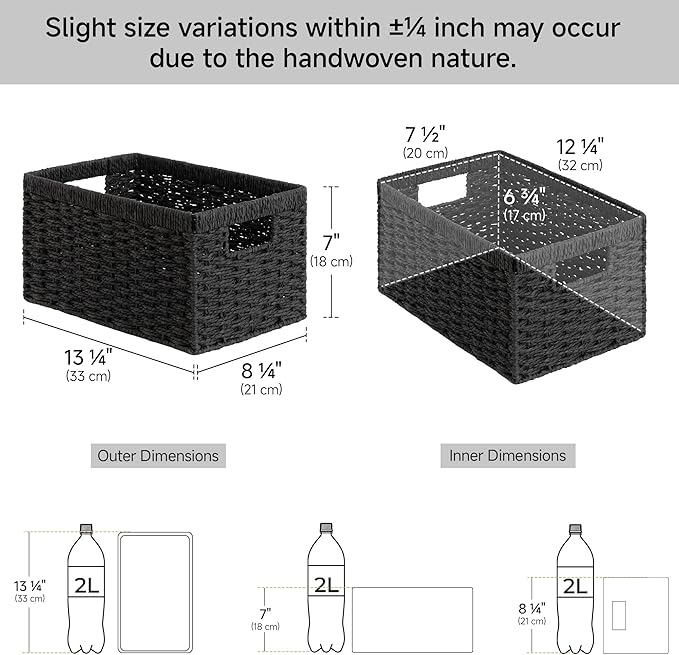 StorageWorks Pantry Baskets, Wicker Storage Baskets for Organizing, Bathroom Shelves, Pantry Organizers and Storage, Medium, Black, 2-Pack