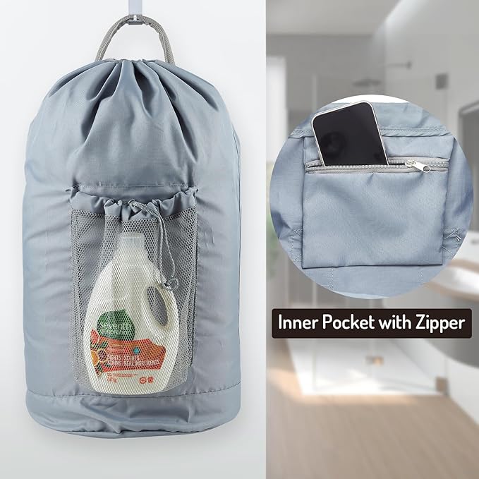 Backpack Laundry Bag, Large Laundry Backpack with Detergent Holder and Adjustable Shoulder Straps for College Travel Dorm Room (Gray)