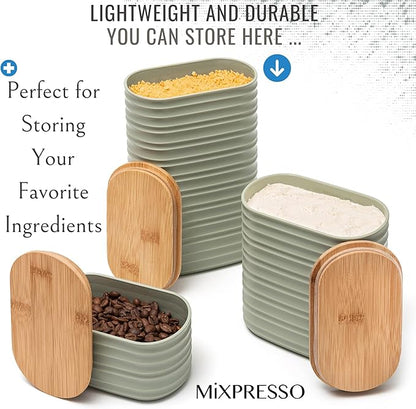 Mixpresso Olive Green Canisters Sets for the Kitchen – 3-Piece Airtight Plastic Sugar Container Set with Bamboo Lids in Three Different Sizes – Decorative Modern Storage Jars for Coffee &Tea