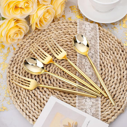 SUT 200PCS Gold Plastic Forks and Spoons Heavy Duty Set, Gold Disposable Silverware, gold Cutlery, Disposable Utensils, Plastic Flatware Includes 100 Forks, 100 Spoons for Party