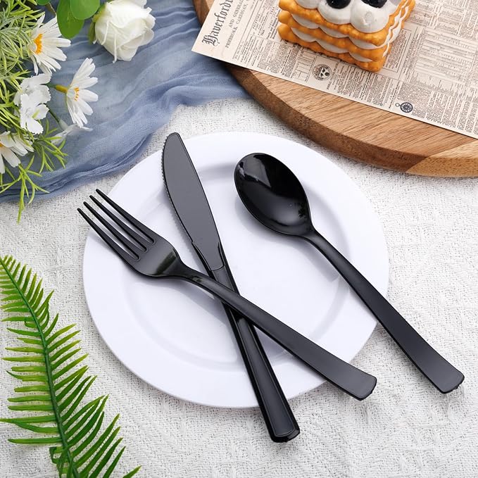 EI 360pcs Black Plastic Silverware,Disposable Cutlery,Plastic Silverware Heavy Duty,Plastic Spoons and Forks include 120pcs Forks,120pcs Spoons and 120pcs Knives,for Holiday, Birthday, Party