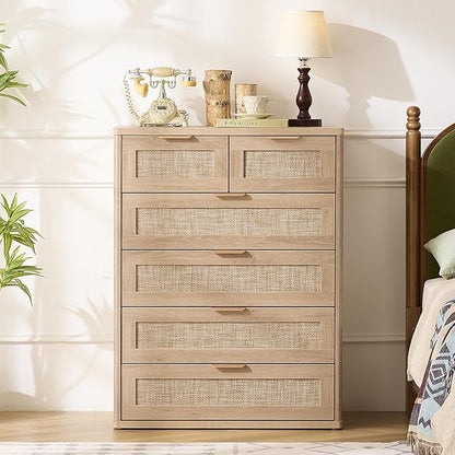 LEYAOYAO Rattan Dresser for Bedroom, 42" Tall Chest of Drawers, Modern 6 Drawers Boho Dressers with Storage, Light Oak Dresser Wooden Closet Organizer for Living Room, Hallway, Natural Wood