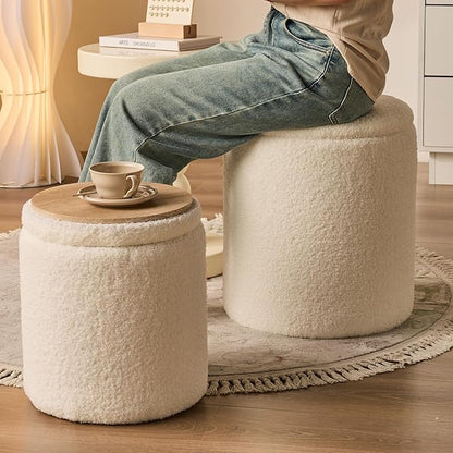 Round Ottoman with Storage Set of 2-Upholstered Sherpa Vanity Stool for Makeup Multifunctional Ottomans Coffee Table Padded Seat Foot Rest for Living Room&Bedroom(Sherpa White)