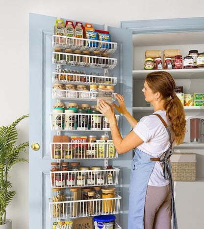 White 9-Tier Over The Door Pantry Organizer, Pantry Organization and Storage, Deep Baskets Hanging Heavy-Duty Metal, Wall Spice Rack Seasoning Shelves for Home & Kitchen, Laundry Room Bathroom