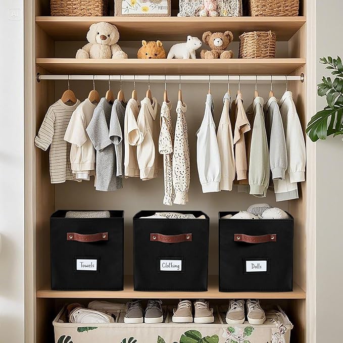 DECOMOMO Storage Cubes, 13x13x13 Storage Cube Bins with Labels, Fabric Organizer Bins (13" / 6pcs, Black)