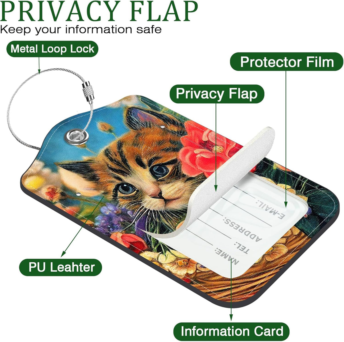 2 PCS Leather Luggage Tags for Suitcase Beautiful Cat Flowers Travel Luggage Tag with Privacy Flap Name ID Label and Metal Loop for Travel Bag Suitcase