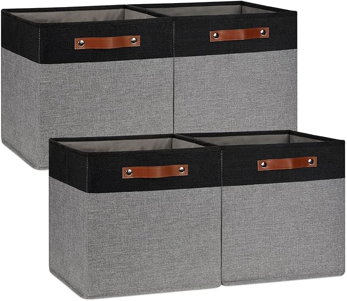 DULLEMELO 13x13 Storage Cubes, Collapsible Sturdy Cube Storage Bins With Handles for Organizing,Fabric Storage Cubes Baskets for Shelves Nursery Closet Home Organization and Storage (Black&Grey)