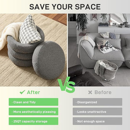 Round Ottoman with Storage Boucle Ottoman Stool with Storage Removable Lid for Living Room Modern Vanity Sorage Stool Foot Rest Bedroom Dorm Gift Set of 1 (Grey)