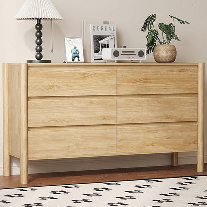 Dresser for Bedroom with 6 Drawers,47" Wide Oak Dresser with 4 Solid Wood Legs, Wooden TV Stand,Closet Clothes Organizer for Bedroom, Hallway