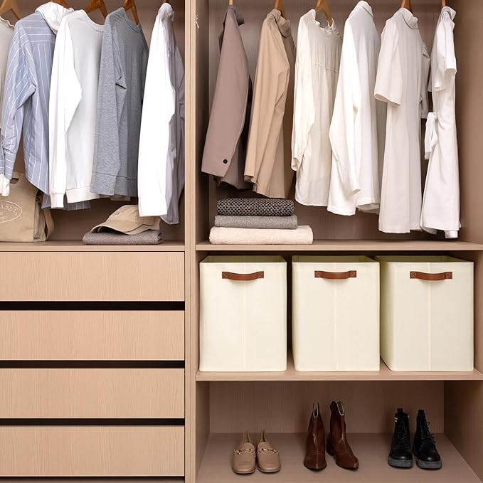GRANNY SAYS Large Storage Baskets, Closet Storage Bins, Linen Closet organizers and storage, Fabric Storage Bins with Metal Frame, Clothes Baskets for Shelves, Towels, Beige, 3-Pack