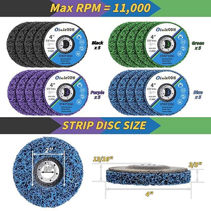 20 Pcs 4" x 5/8" Strip Discs Bulk, Paint Stripping and Rust Removal Wheels for Angle Grinders, Abrasive Grinding Discs for Metal, Wood, and Fiberglass, Blue+ Purple+ Green+ Black