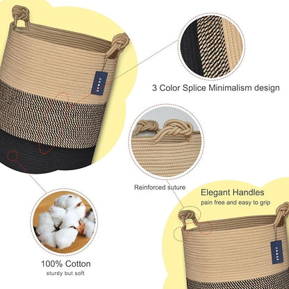 COMSE Extra Large Blanket Basket, Tall Woven Storage Basket, Nursery Hamper, 15.7”x 21.7”, Cotton Rope Laundry Hamper for Toys Clothes Towels, Brown/Black