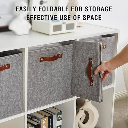 Collapsible Fabric Storage Cube Bins with 2 Reinforced PU Handles, Foldable Storage Organizer Baskets for Closet, Shelves, Living Room | 13"x13"x13", 4 Pack, Full Gray
