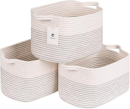 Medium and Large Woven Basket//With Handle, Used for Toys and Fabric Storage Basket used for Storing xl Storage Box, Decorative Storage Box Room 2pack (14L*10W*8.6H White/Black Line, 14Lx10Wx8.6H)