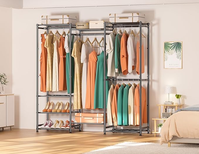 Wardrobe Closet Heavy Duty Clothes Rack, Portable Closet Organizer System with 4 Hang Rods & 8 Shelves, Metal Clothing Rack Garment Rack for Hanging Clothes, Max Load 890 LBS