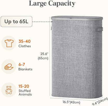 Lifewit 65L Slim Laundry Basket with Lid, Narrow Large Laundry Hamper with Plastic Handles and Removable Bag, Tall Foldable Dirty Clothes Hampers for Laundry Room, Bedroom, Bathroom, Dorm, Gray