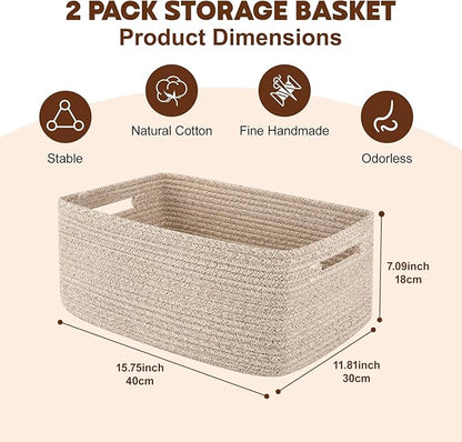 OIAHOMY Storage Basket for Shelves, Closet Cube Storage Bins Baskets for Clothes Blanket Towels, Baby Nursery, Toy Box, Woven Rope Basket, 15.75*11.81*7.09 IN, 2 Packs Brown