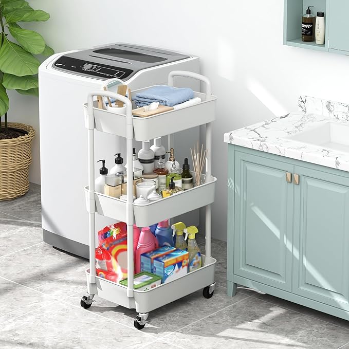 Sywhitta 3-Tier Plastic Rolling Utility Cart with Handle, Multi-Functional Storage Trolley for Office, Living Room, Kitchen, Movable Storage Organizer with Wheels, White