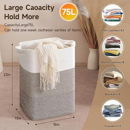 CLHMILY&Z 75L Laundry Hamper Rectangular Cotton Rope Basket - 16x13x22 Inches - Durable and Soft Storage Bin for Clothes, Toys, and Nursery Essentials, Brown & White