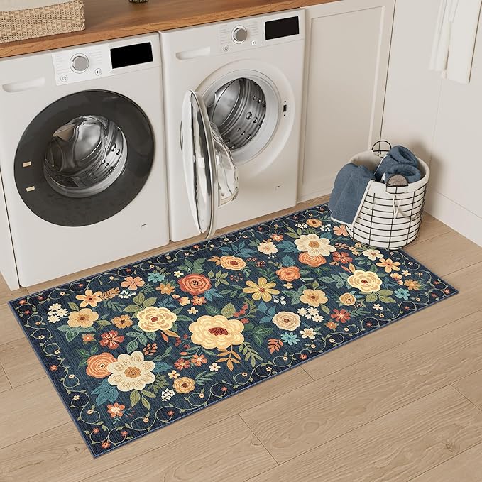 DUKINO 2x4 Rug for Entryway, Washable Kitchen Floral Runner Rug with Non Slip Backing, Low Pile Soft Boho Carpet for Kitchen, Hallway, Entryway, Laundry, Bedroom, Navy Blue