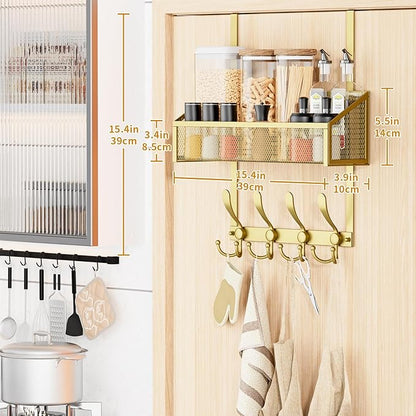Over The Door Hooks Organizer, Coat Rack Over The Door Storage Hanger Towel Rack, Back of Storage Organizer for Bathroom,Bedroom,Kitchen,Office(Gold 2-Tier)