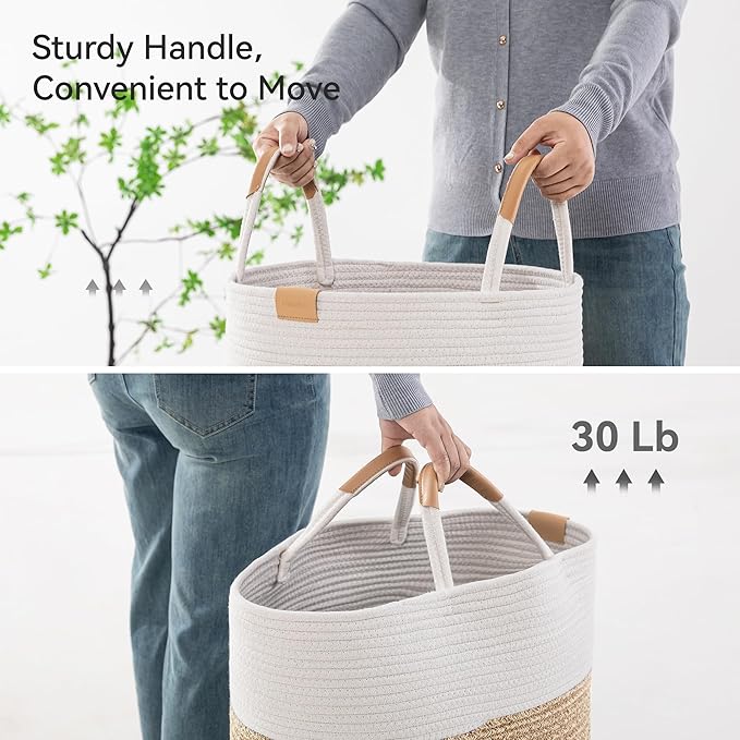 75L Striped Laundry Hamper with Leather Handles,Large Foldable Laundry Basket for Clothes,Cotton Rope Storage Bin for Blankets,Woven Clothes Basket for Bedroom,Beige Stripes
