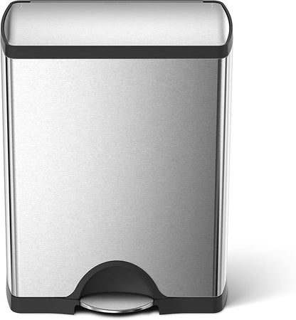 simplehuman Rectangular Dual Compartment Recycling Kitchen Step Trash Can, 46 Liter, Brushed Stainless Steel