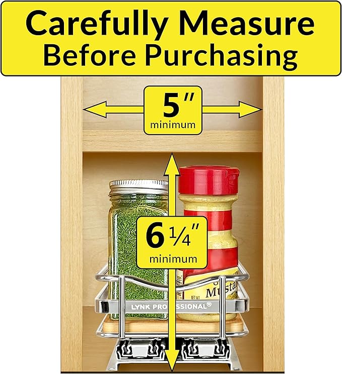 LYNK PROFESSIONAL® Élite™ Pull Out Spice Rack Organizer for Inside Kitchen Cabinets - 4-1/4 inch Wide - Slide Out Drawer – Wood/Chrome Sliding Spice Cabinet Organization Shelf Racks - 1 Tier
