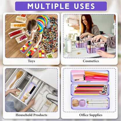 Maitys 12 Pcs Vanity Drawer Organizer 9 x 3 x 2 Inches Clear Plastic Utensil Organizers Kitchen Drawers Dividers for Office Desk Silverware Kitchen Utensils Cosmetics and Bathrooms(Purple)