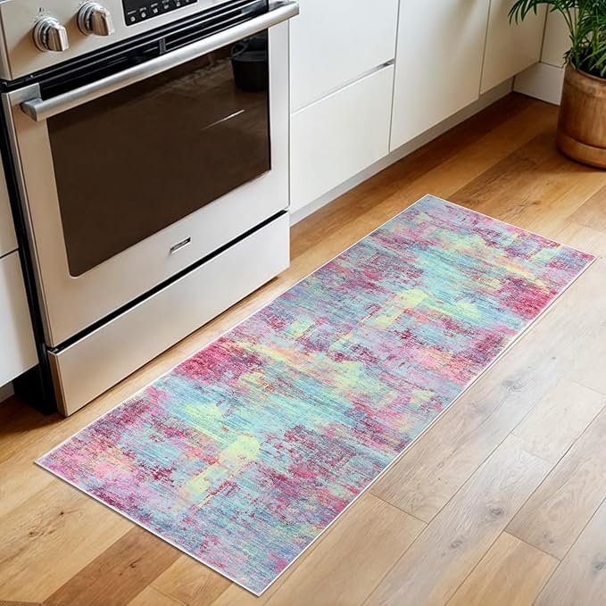 IOHOUZE Abstract Runner Rug 2x5 Ft Washable Runners for Hallways, Non Slip Kitchen Runner Printed Faux Wool Entryway Runner Indoor, Modern Abstract Floor Carpet for Hall Kitchen Bedroom, Pink Teal