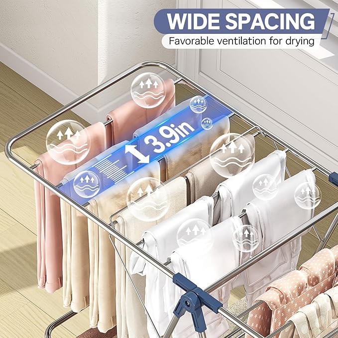 APEXCHASER Clothes Drying Rack with 4 Wings, Stainless Steel Drying Rack Clothing with Height-Adjustable, Foldable Gullwings Laundry Drying Rack, Indoor Outdoor Use, No Assembly, Blue