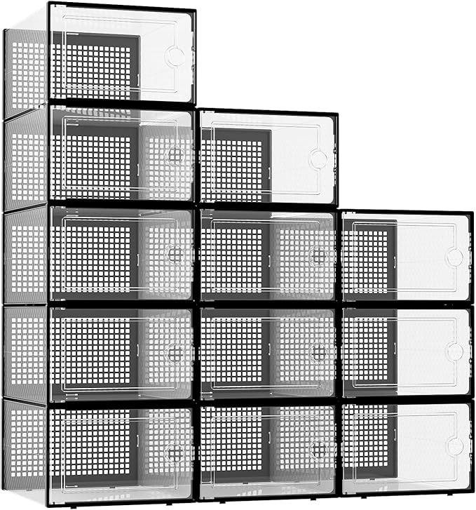 Kuject XX-Large Shoe Storage Boxes Organizers Clear Plastic Stackable 12 Pack, Shoe Rack & Holder Substitute, Sneaker Containers, Toy Storage Organizer Bins for Entryway, Closet, Under Bed, Black