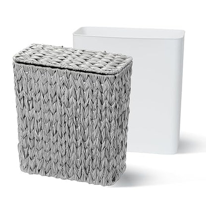 3 Gallon Wicker Trash Can,Grey Bathroom Trash Cans with Lid,Waterproof Slim Waste Basket for Bedroom,Home Office,Narrow Garbage Can with Removable Liner