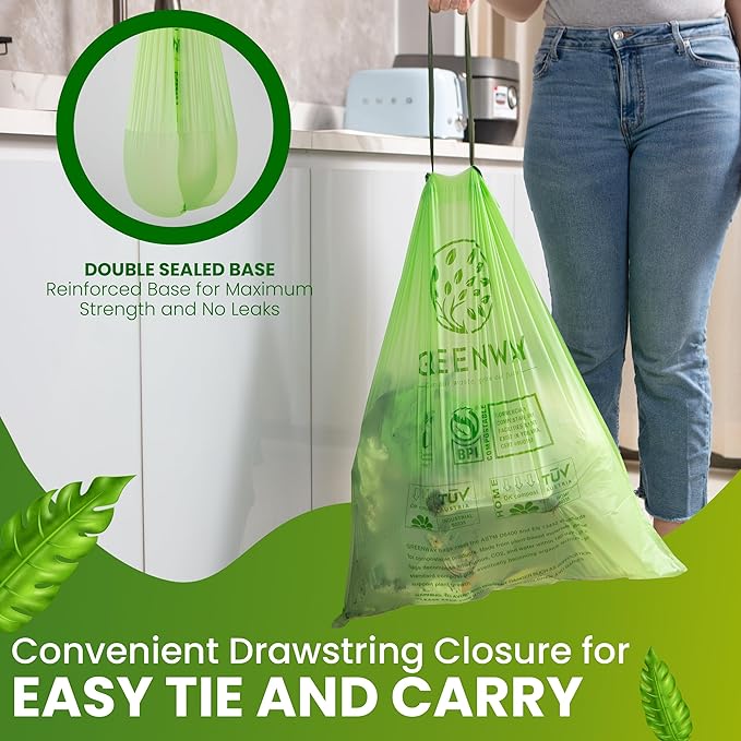 GREENWAY 13 Gallon Compostable Trash Bags Drawstring, 50 Bags, Heavy Duty Extra Thick 0.90 Mil, Tall Kitchen Food Scrap Waste Bags, US BPI and Europe OK Compost Home Certified