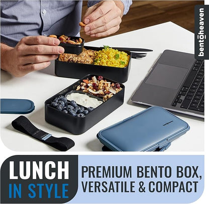 Bentoheaven Premium Bento Box Adult Lunch Box with Compartments for Women & Men, Set of Utensil & Chopsticks & Dip Container, Cute Japanese Kids Bento Lunch Box, Microwavable (Steel My Heart)
