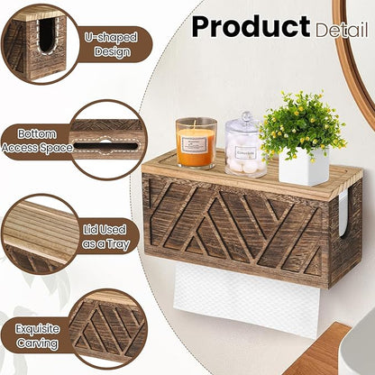 Set of 2 Paper Towel Dispenser Wall Mount, Paper Towel Holder Wall Mounted with Lid, Solid Wood Commercial C-Fold, Z-Fold, Trifold Hand Paper Towel Holder Hand Towel Holder for Bathroom Kitchen Decor