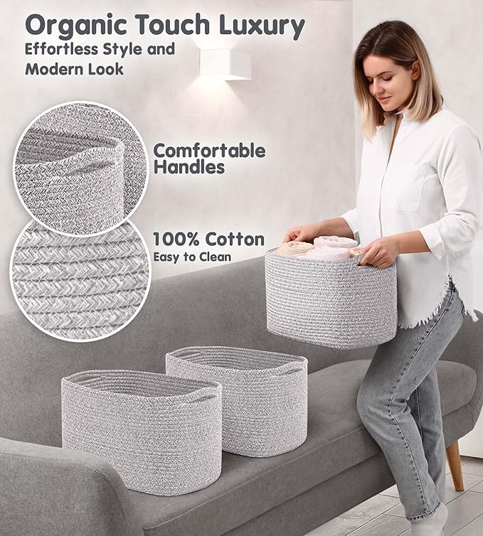 CHAT BLANC Cotton Rope Baskets for Organizing | Storage Baskets for Shelves | Rope Basket for Storage, Small Laundry Baskets, Woven Baskets for Storage, Dog Toy Bin, Baby Basket, Gray 3 Pack