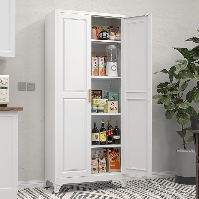 Kitchen Pantry Storage Cabinets, 75" Tall Metal Storage Cabinet with Doors and 4 Shelves, White Pantry Cabinet, Utility Kitchen Cupboard, Large Steel Cabinets for Dining, Office, Living Room