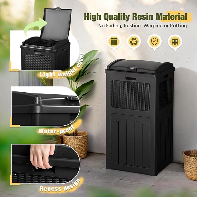 Devoko 33 Gallon Outdoor Trash Can with Dual Lid, Heavy Duty Waterproof Resin Garbage Bins Outside, Hideaway Waste Bins for Patio, Outside Pool, Backyard and Deck (2, Black)